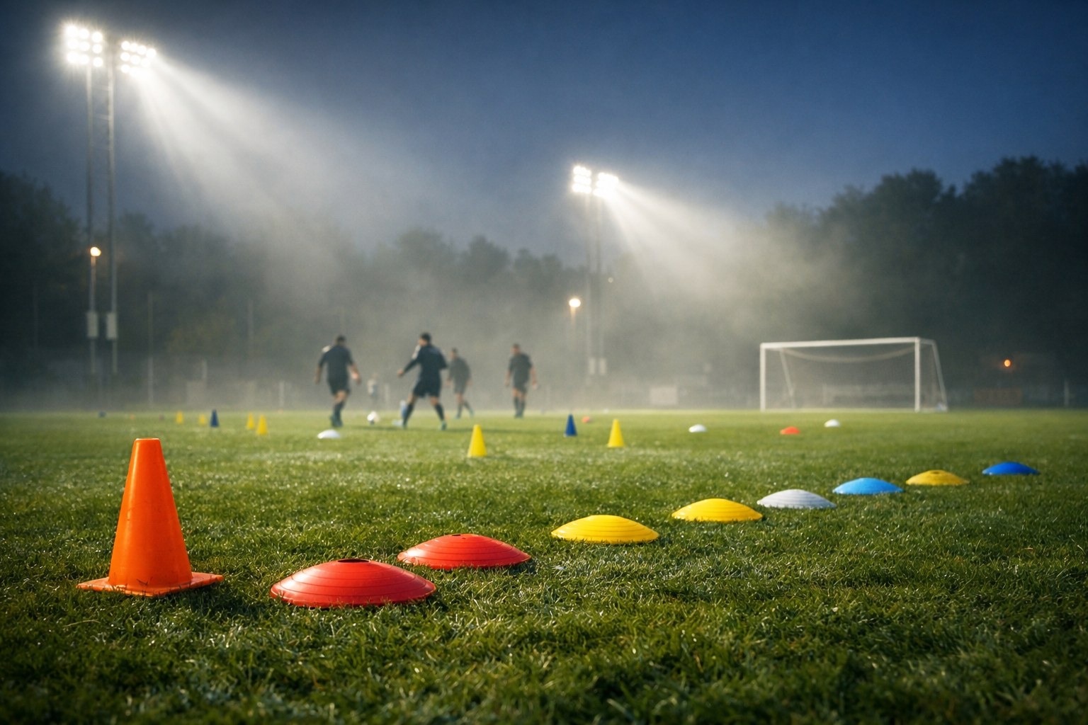 Futbol antrenman sahasi, gece aydinlatmasi altinda calisma alani
