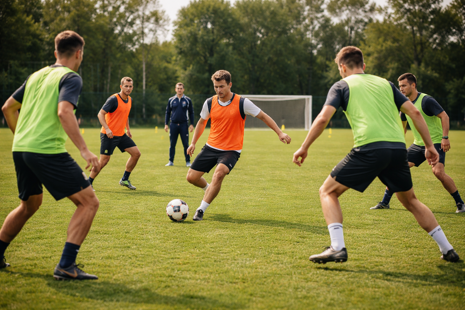Grup halinde futbol antrenmani, sahada pas calismasi